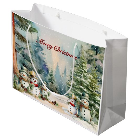 Erinnerungen im Frostwald: Schneemann & Pine Trees Große Geschenktüte (Rückseite Schrägansicht)