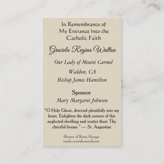 Erinnerungs-heiliger Karten-Beruf-Glaube RCIA Visitenkarte (Rückseite)