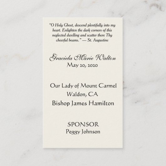 Erinnerungsbestätigung Gold Dove Cross Lily Lace Visitenkarte (Rückseite)