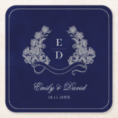 Erinnerungsblumen-Wappen Navy-Monogramm-Papier-Ser Rechteckiger Pappuntersetzer (Vorderseite)