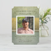 Erinnerungsservice-grünes Goldeleganz-Foto laden Einladung (Stehend Vorderseite)