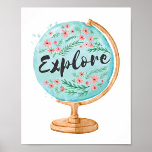 ERKLÄREN   World Globe Floral Watercolor Reisen Ar Poster