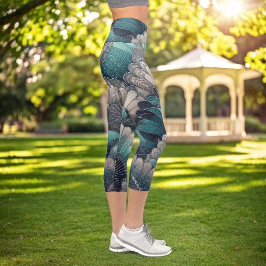 Erklärung Art Nouveau Blue Silver Fans Capri Leggings