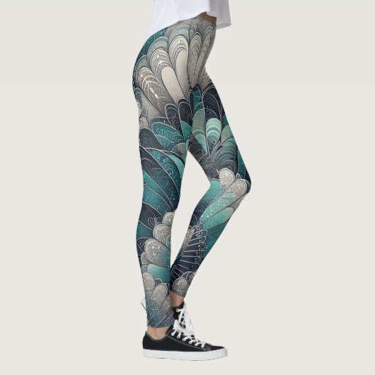 Erklärung Art Nouveau Blue Silver Fans Leggings (Rechts)