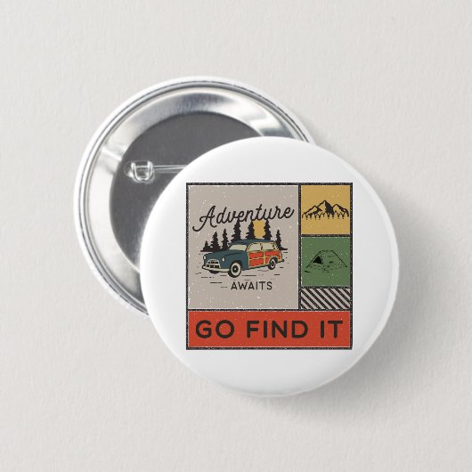 Erlebnis auf Reisen: Go It Retro Camping Reisen Button (Vorne & Hinten)