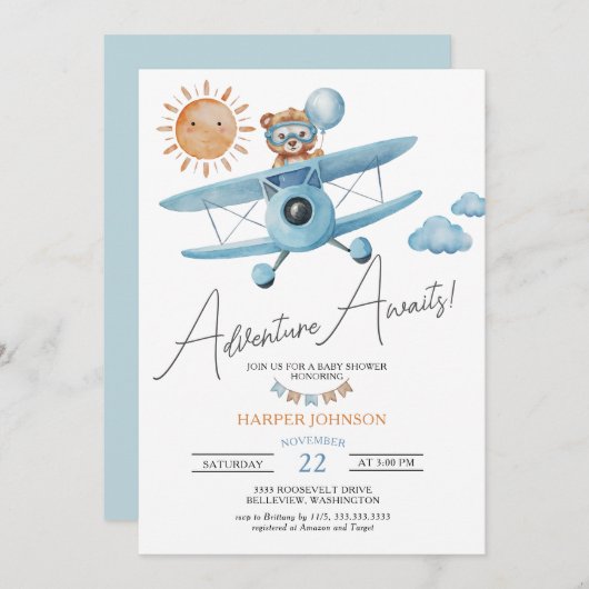 Erlebnis erwartet Airplane Teddy Bear Baby Shower Einladung (Vorne/Hinten)