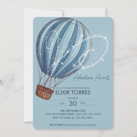 Erlebnis erwartet Blue Hot Air Ballon Baby Dusche Einladung (Vorderseite)