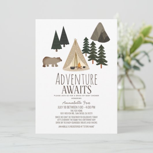 Erlebnis erwartet Camping Drive-by Baby Shower Einladung (Stehend Vorderseite)