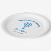 Erlebnis erwartet Fun Trendy Baby Dusche Blau Weiß Pappteller (Schrägansicht)