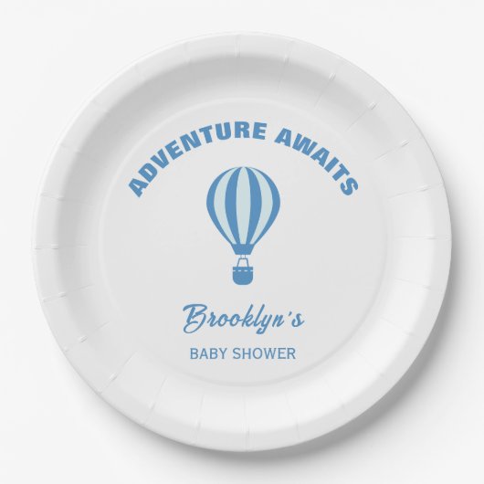 Erlebnis erwartet Fun Trendy Baby Dusche Blau Weiß Pappteller (Vorderseite)