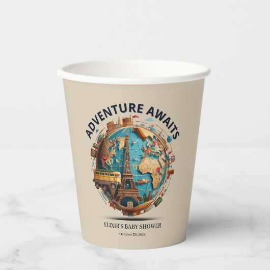 Erlebnis erwartet Moderne Globe Baby Dusche Papier Pappbecher (Vorderseite)
