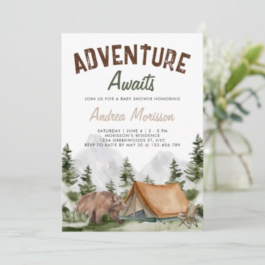 Erlebnis erwartet Mountain Forest Bear Baby Dusche Einladung (Stehend Vorderseite)