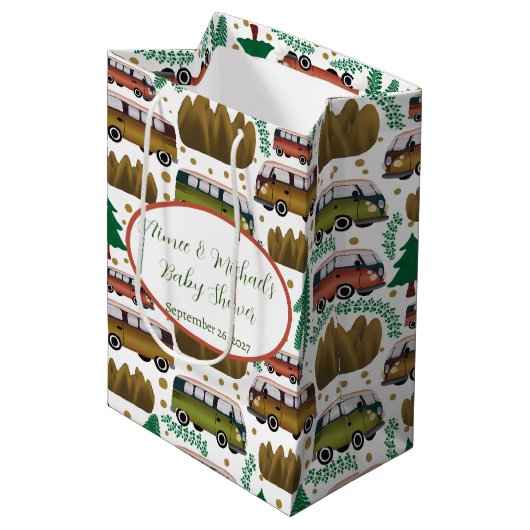 Erlebnis erwartet: Neutrale Baby-Dusche für Geschl Mittlere Geschenktüte (Vorderseite Schrägansicht)