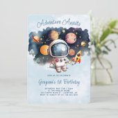 Erlebnis erwartet Outerspace 1. Geburtstag Einladung (Stehend Vorderseite)