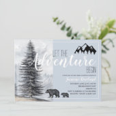 Erlebnis erwartet rustikale Woodland Bears Kinderd Einladung (Stehend Vorderseite)