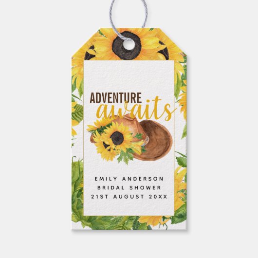 Erlebnis erwartet Rustikales Sonnenblumen-Brautpar Geschenkanhänger (Vorderseite)