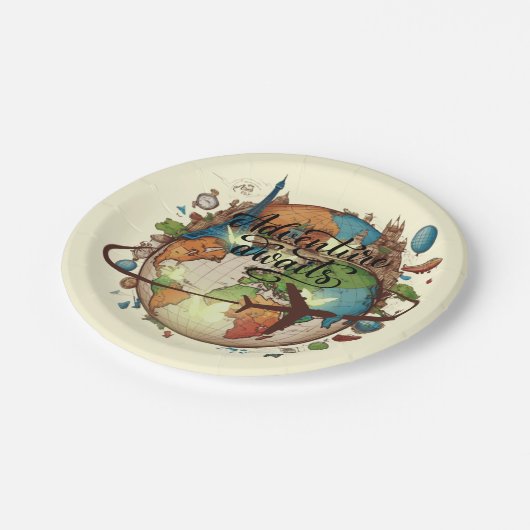 Erlebnis erwartet Vintage Globe Babydusche Pappteller (Schrägansicht)