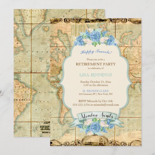 Erlebnis erwartet Vintage Weltkarte Blaue Hydrange Einladung (Vorne/Hinten)