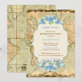 Erlebnis erwartet Vintage Weltkarte Blaue Hydrange Einladung