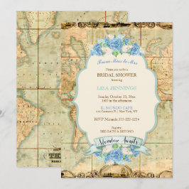 Erlebnis erwartet Vintage Weltkarte Blaue Hydrange Einladung