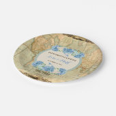 Erlebnis erwartet Vintage Weltkarte Blaue Hydrange Pappteller (Schrägansicht)