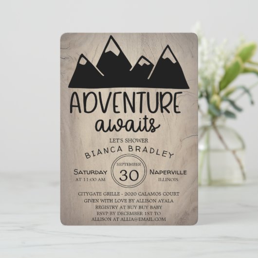 Erlebnis erwartet Wood Mountain Baby Dusche Einladung (Stehend Vorderseite)