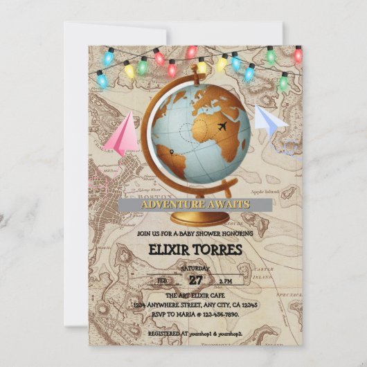 Erlebnis erwartet World Map Baby Shower Einladung (Vorderseite)
