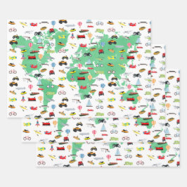 Erlebnis erwartet World Map Vehicles Geschenkpapier Set