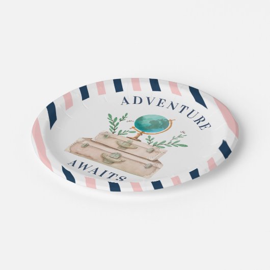 Erlebnis erwartet World Travel Suitcases Party Pappteller (Schrägansicht)