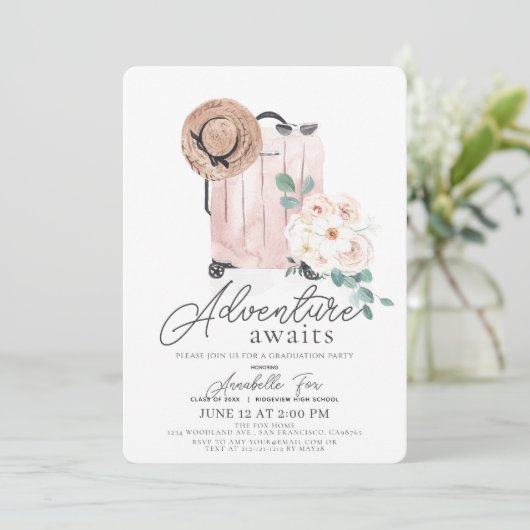 Erlebnis wartet Rosa Suitcase Abschluss Einladung (Stehend Vorderseite)