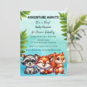 Erlebnis wartet | Woodland Creatures Babydusche Einladung (Stehend Vorderseite)