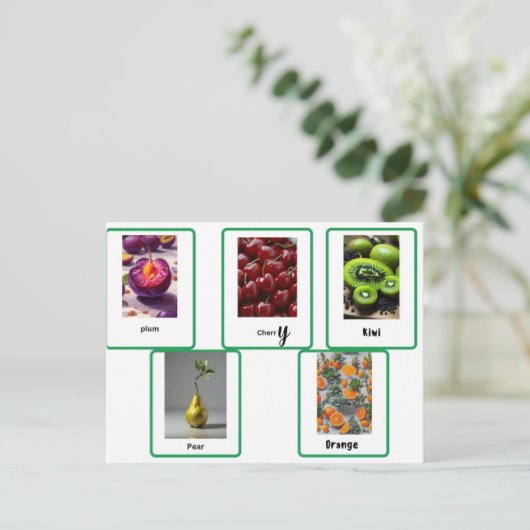 Erlernen der englischen Schreibweise von Früchten Postkarte (Stehend Vorderseite)