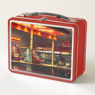 Erleuchtete Tankstelle 1950er Metall-Lunchbox Metall Brotdose