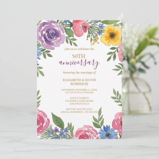 Erneuerung der Aquarellfarben-Blume 50 Jahre Hochz Einladung (Stehend Vorderseite)
