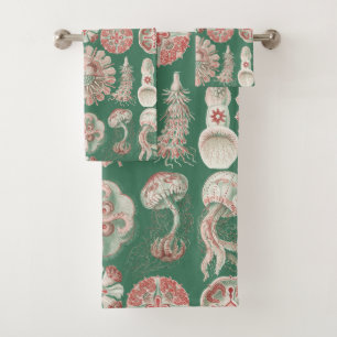 Ernst Haeckel Meer Leben Rosa Qualle Grün Poster Badhandtuch Set