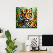 Ernster Tiger mit Schmetterlingen im Dschungel Poster (Heimbüro)