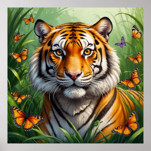 Ernster Tiger mit Schmetterlingen im Dschungel Poster (Vorne)