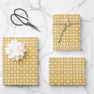 Ernte-Gold-Gingham-Herz-Patch-Plaid Geschenkpapier Set
