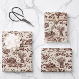 Ernte Sepia Braun Toile Geschenkpapier Set