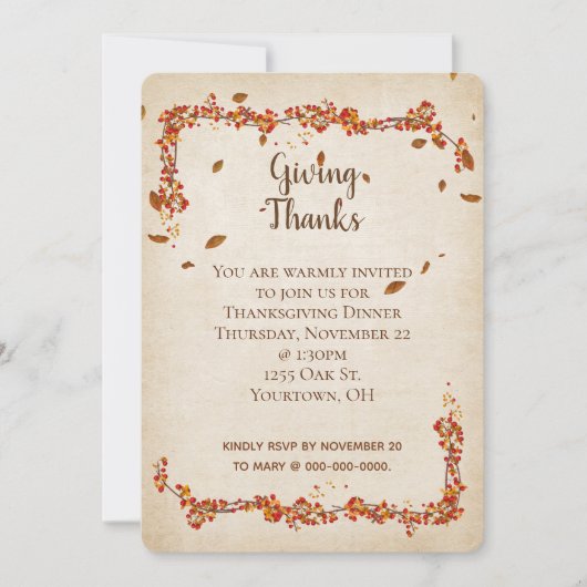 Erntedank Abendessen Herbstblätterrahmen Einladung (Vorderseite)