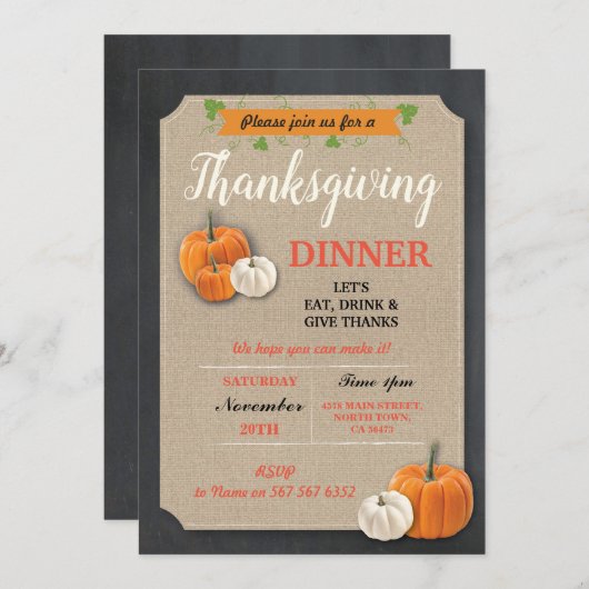 Erntedank-Abendessen-Kürbis-rustikale Kreide laden Einladung (Vorne/Hinten)