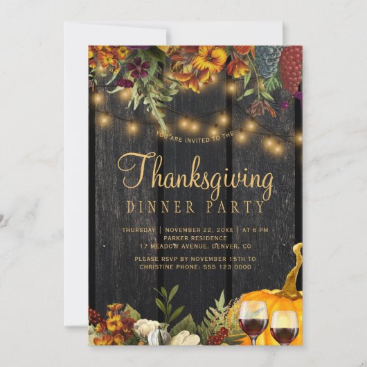 Erntedank Abendessen rustikale Blumenkürbis Einladung (Vorderseite)