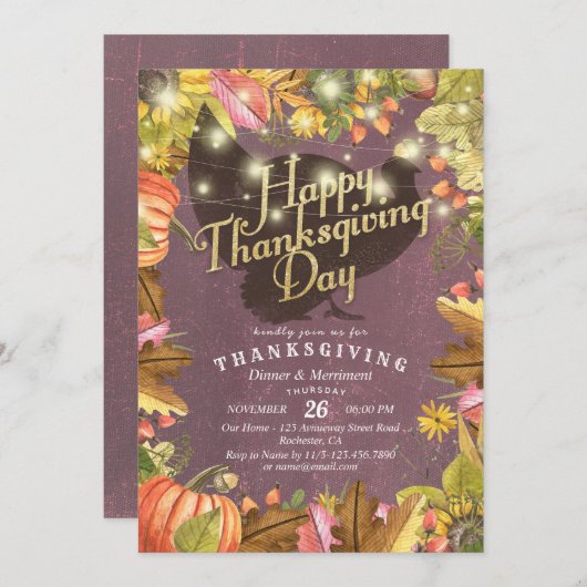 Erntedank-Abendessen-Türkeikürbise u. -Herbstlaub Einladung (Vorne/Hinten)