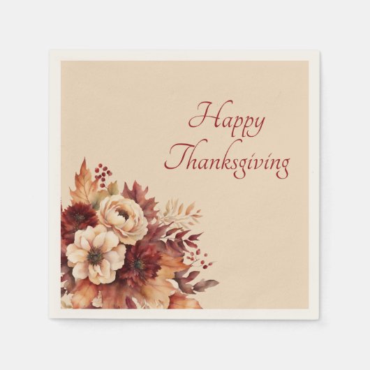 Erntedank-Aquarell-Blume-Creme und Rot- Serviette (Vorderseite)