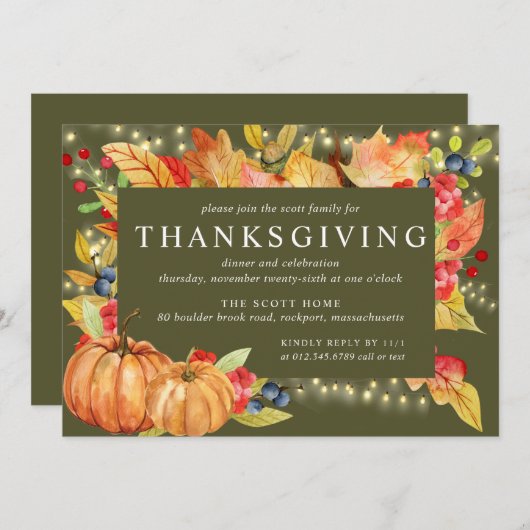 Erntedank "Autumn Leaves Pumpkin String Lights" I Einladung (Vorne/Hinten)