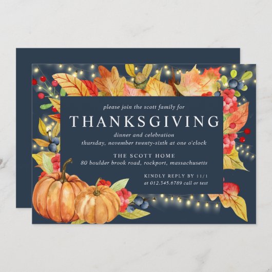 Erntedank "Autumn Leaves Pumpkin String Lights" I Einladung (Vorne/Hinten)