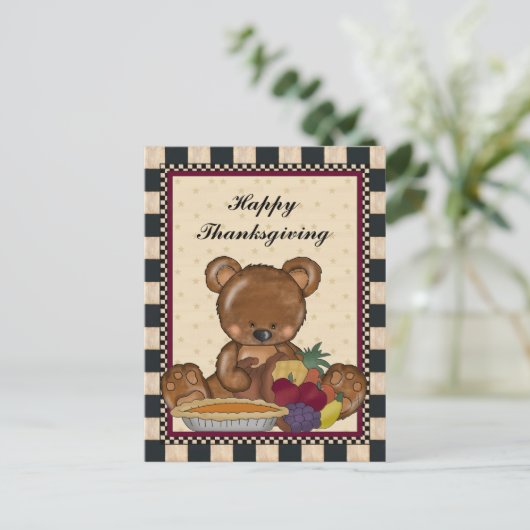 Erntedank Bear Holiday Cartoon Postkarte (Stehend Vorderseite)