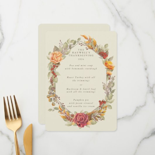 Erntedank Blumenrahmen mit 3 Kursen Menükarte (Vorderseite/Rückseite Beispiel)