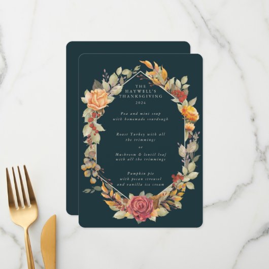 Erntedank Blumenrahmen mit 3 Kursen Menükarte (Vorderseite/Rückseite Beispiel)