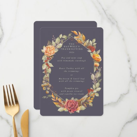 Erntedank Blumenrahmen mit 3 Kursen Menükarte (Vorderseite/Rückseite Beispiel)